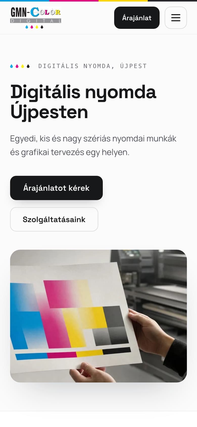 Live client work: the GMN-Color digital print shop's website on a phone